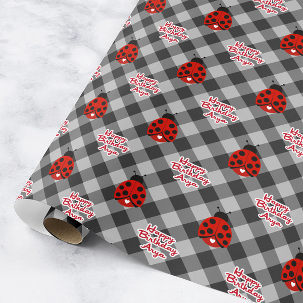 Custom Ladybugs & Gingham Wrapping Paper Roll - Medium (Personalized)
