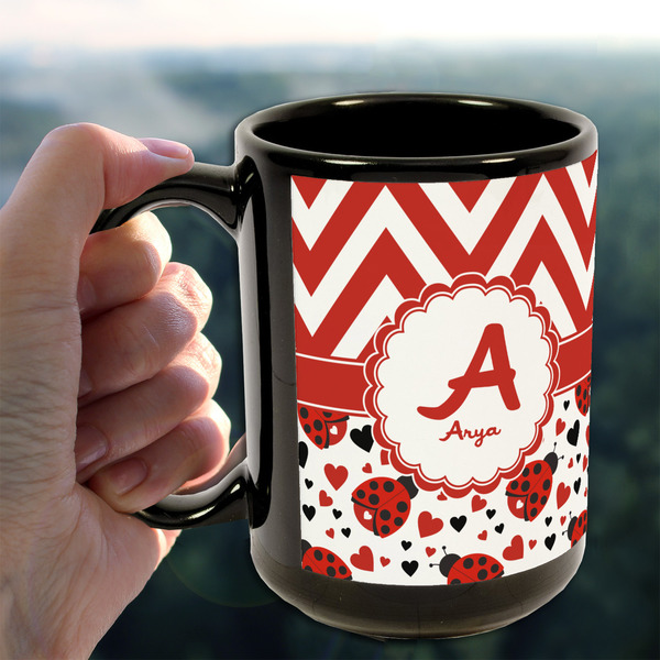 Ladybugs & Chevron 15oz. Black Mug - LIFESTYLE