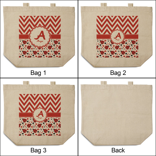 Ladybugs & Chevron 3 Reusable Cotton Grocery Bags - Front & Back View
