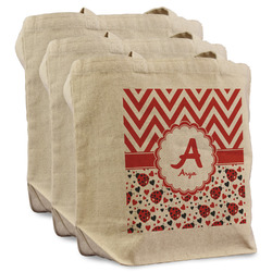 Ladybugs & Chevron Reusable Cotton Grocery Bags - Set of 3 (Personalized)