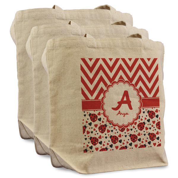 Custom Ladybugs & Chevron Reusable Cotton Grocery Bags - Set of 3 (Personalized)