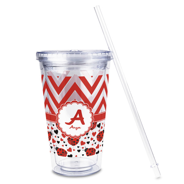 Ladybugs & Chevron Acrylic Tumbler - Full Print - Front straw out
