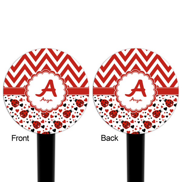 Ladybugs & Chevron Black Plastic 4" Food Pick - Round - Double Sided - Front & Back