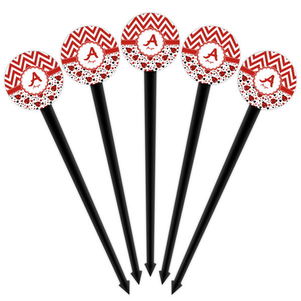 Ladybugs & Chevron Black Plastic 4" Food Pick - Round - Fan View