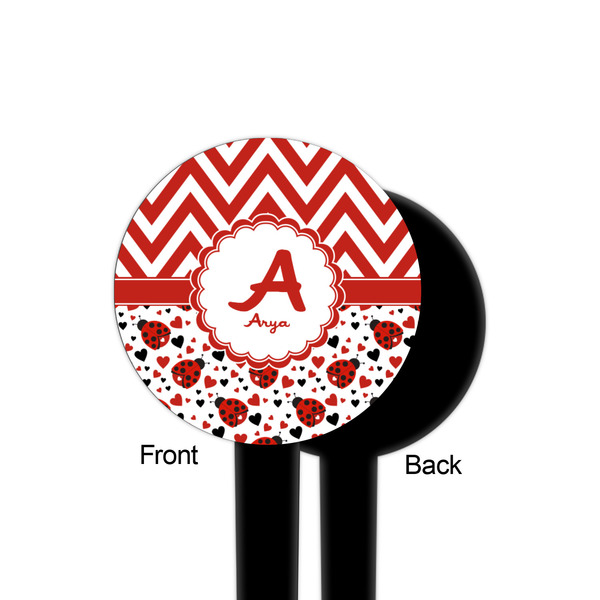 Ladybugs & Chevron Black Plastic 4" Food Pick - Round - Single Sided - Front & Back