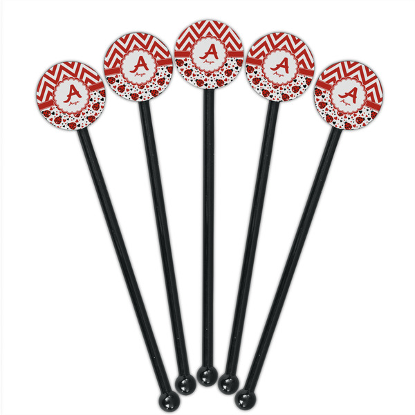 Ladybugs & Chevron Black Plastic 5.5" Stir Stick - Round - Fan View