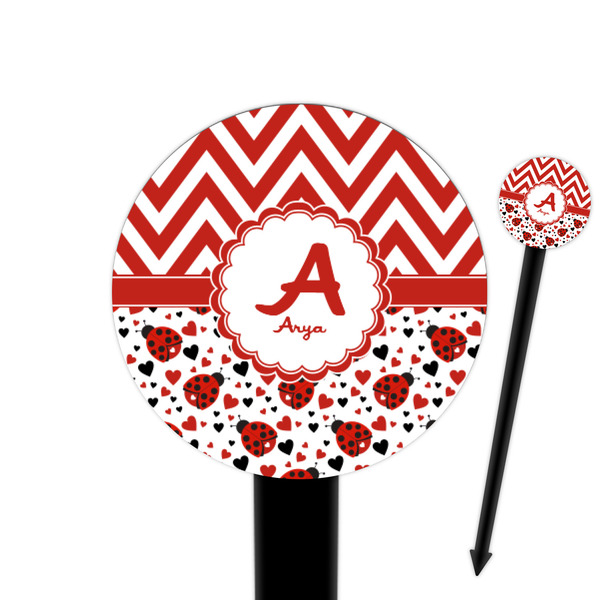 Custom Ladybugs & Chevron 6" Round Plastic Food Picks - Black - Double Sided (Personalized)
