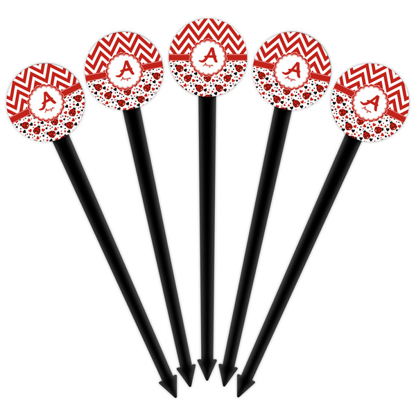 Ladybugs & Chevron Black Plastic 6" Food Pick - Round - Fan View