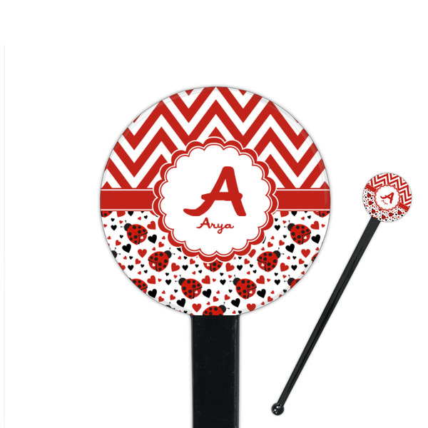 Custom Ladybugs & Chevron 7" Round Plastic Stir Sticks - Black - Double Sided (Personalized)