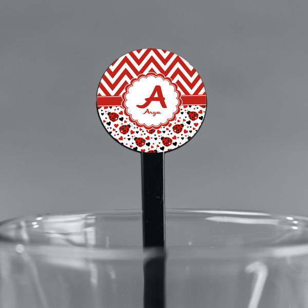 Ladybugs & Chevron Black Plastic 7" Stir Stick - Round - Main