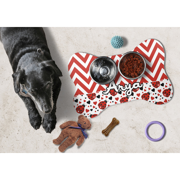 Ladybugs & Chevron Bone Shaped Mat w/ Food & Water
