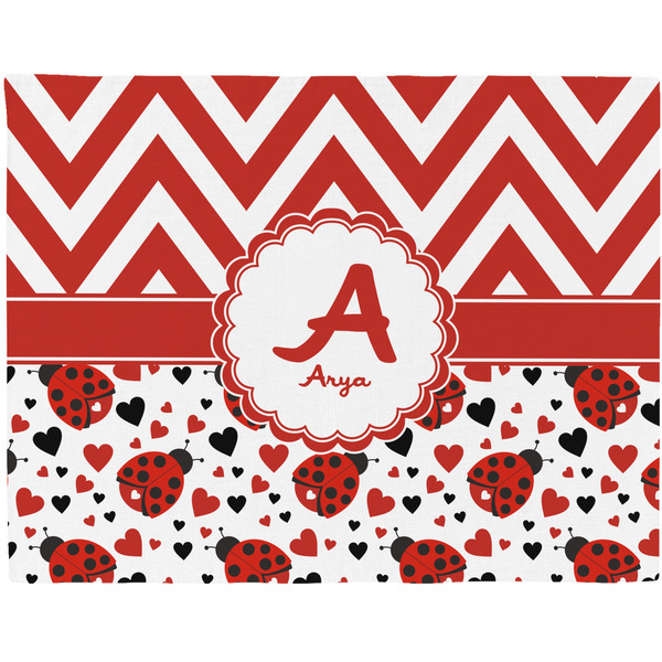 Custom Ladybugs & Chevron Woven Fabric Placemat - Twill w/ Name and Initial