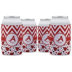 Ladybugs & Chevron Can Cooler (12 oz) - Set of 4 w/ Name and Initial