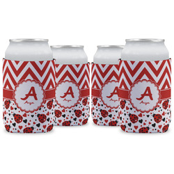 Ladybugs & Chevron Can Cooler (12 oz) - Set of 4 w/ Name and Initial