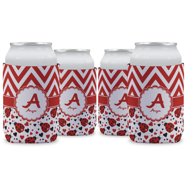 Custom Ladybugs & Chevron Can Cooler (12 oz) - Set of 4 w/ Name and Initial