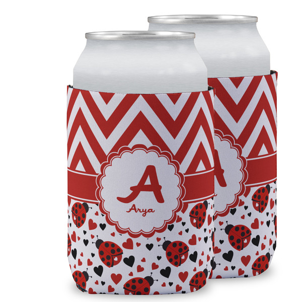 Custom Ladybugs & Chevron Can Cooler (12 oz) w/ Name and Initial