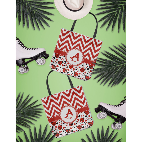 Ladybugs & Chevron Canvas Tote Lifestyle Front and Back- 13x13