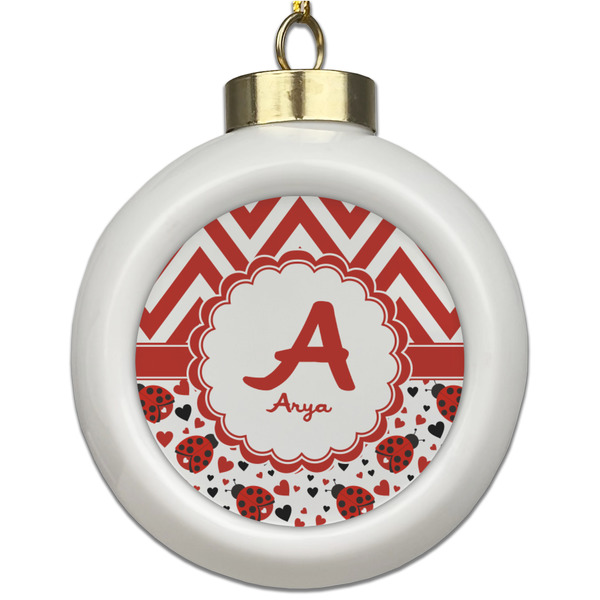 Custom Ladybugs & Chevron Ceramic Ball Ornament (Personalized)