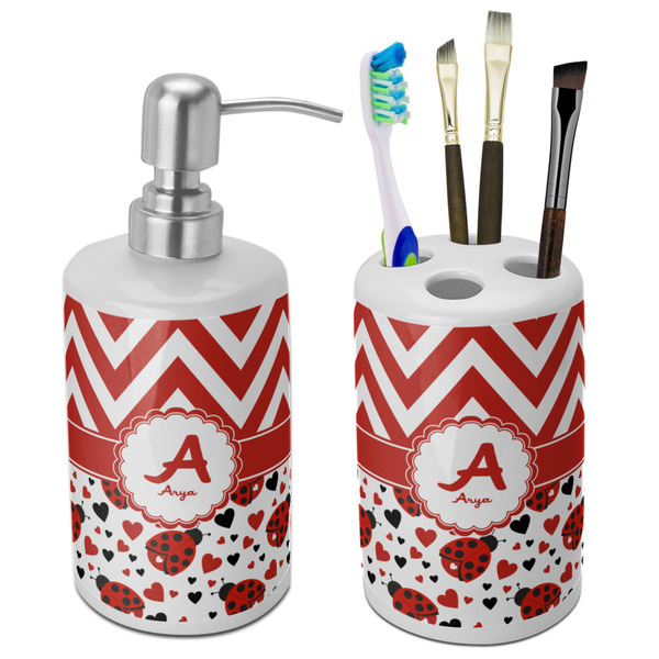 Custom Ladybugs & Chevron Ceramic Bathroom Accessories Set (Personalized)