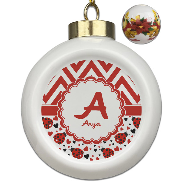 Custom Ladybugs & Chevron Ceramic Ball Ornaments - Poinsettia Garland (Personalized)