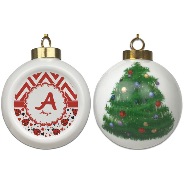Ladybugs & Chevron Ceramic Christmas Ornament - X-Mas Tree (APPROVAL)