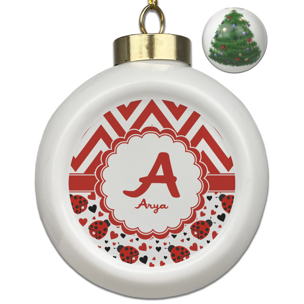 Custom Ladybugs & Chevron Ceramic Ball Ornament - Christmas Tree (Personalized)