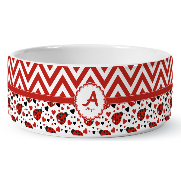 Ladybugs & Chevron Ceramic Dog Bowl - Medium - Front
