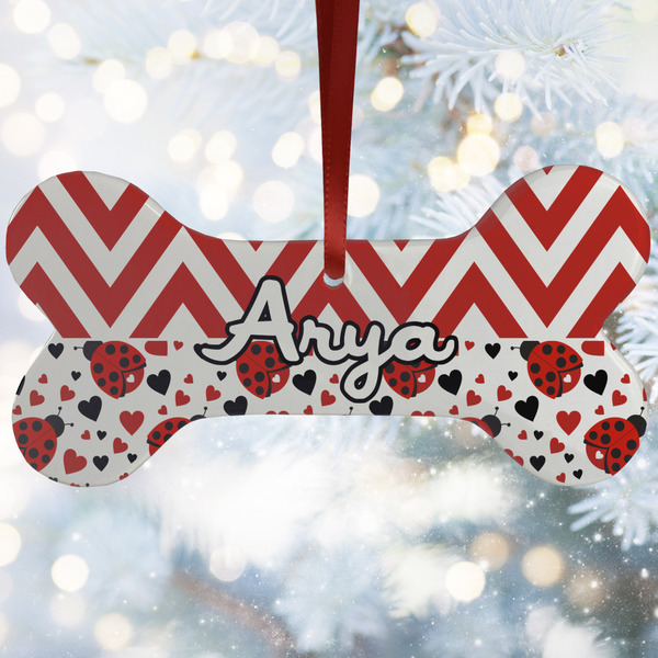 Custom Ladybugs & Chevron Ceramic Dog Ornament w/ Name and Initial