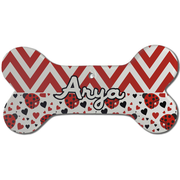 Custom Ladybugs & Chevron Ceramic Dog Ornament - Front w/ Name and Initial