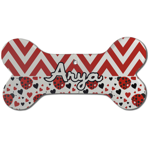 Ladybugs & Chevron Ceramic Flat Ornament - Bone Front