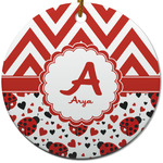 Ladybugs & Chevron Round Ceramic Ornament w/ Name and Initial