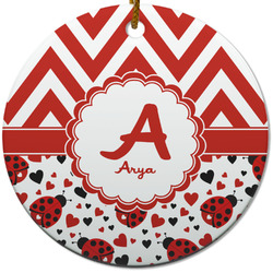 Ladybugs & Chevron Round Ceramic Ornament w/ Name and Initial