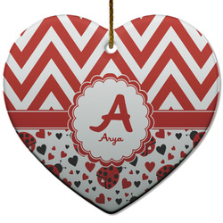 Ladybugs & Chevron Heart Ceramic Ornament w/ Name and Initial