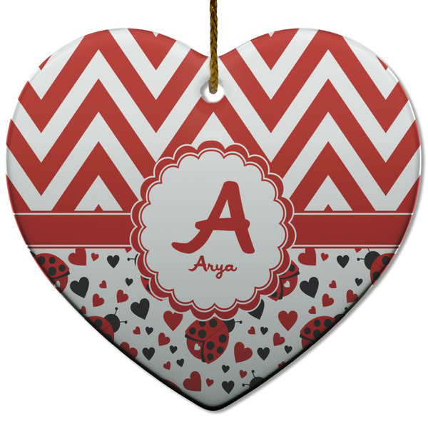 Custom Ladybugs & Chevron Heart Ceramic Ornament w/ Name and Initial