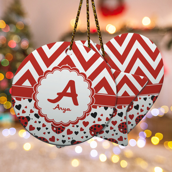 Custom Ladybugs & Chevron Ceramic Ornament w/ Name and Initial