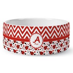 Ladybugs & Chevron Ceramic Dog Bowl (Personalized)