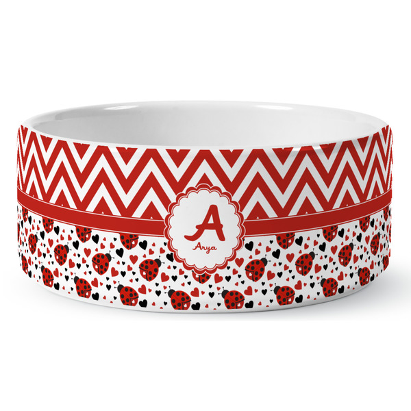 Custom Ladybugs & Chevron Ceramic Dog Bowl - Medium (Personalized)