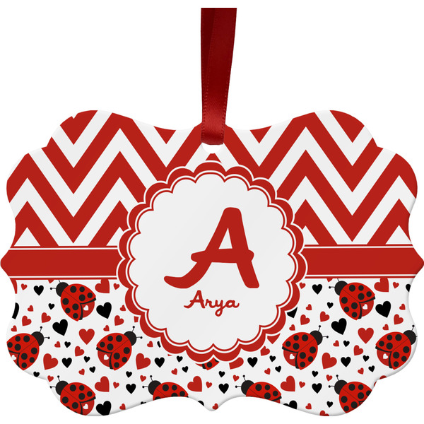 Custom Ladybugs & Chevron Metal Frame Ornament - Double Sided w/ Name and Initial
