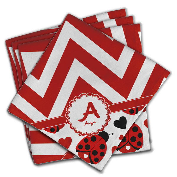 Ladybugs & Chevron Cloth Napkins - Personalized Dinner (PARENT MAIN Set of 4)