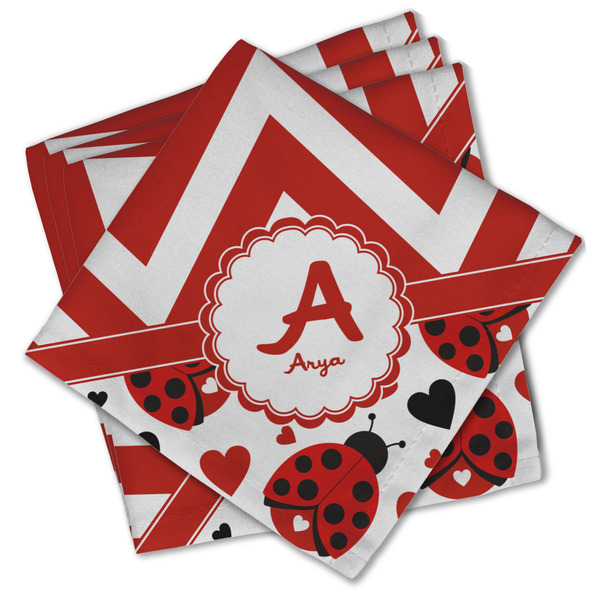 Custom Ladybugs & Chevron Cloth Cocktail Napkins - Set of 4 w/ Name and Initial