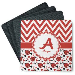 Ladybugs & Chevron Square Rubber Backed Coasters - Set of 4 (Personalized)