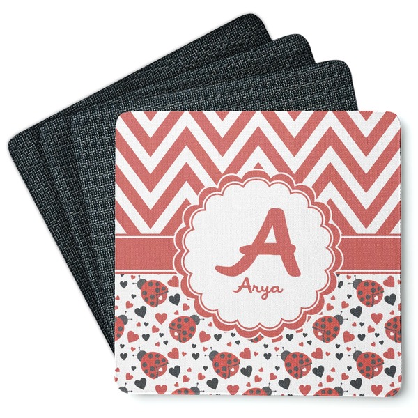 Custom Ladybugs & Chevron Square Rubber Backed Coasters - Set of 4 (Personalized)
