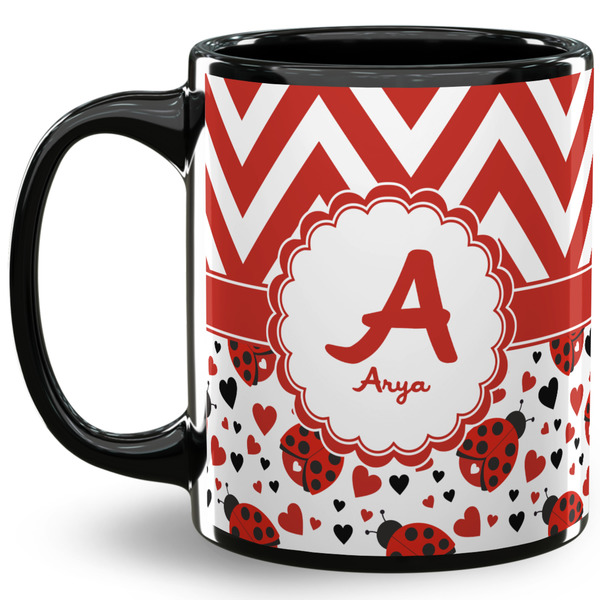 Custom Ladybugs & Chevron 11 Oz Coffee Mug - Black (Personalized)