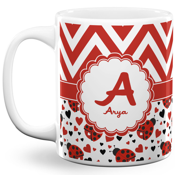 Custom Ladybugs & Chevron 11 Oz Coffee Mug - White (Personalized)