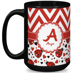 Ladybugs & Chevron 15 Oz Coffee Mug - Black (Personalized)