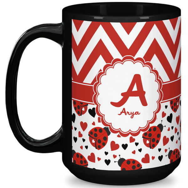 Custom Ladybugs & Chevron 15 Oz Coffee Mug - Black (Personalized)