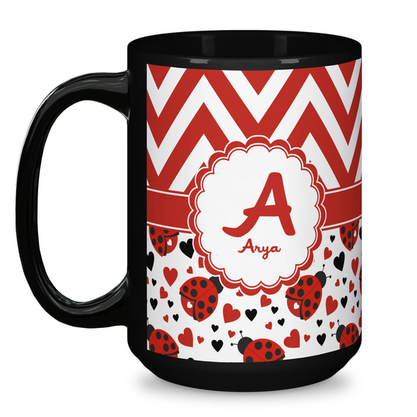 Ladybugs & Chevron Coffee Mug - 15 oz - Black