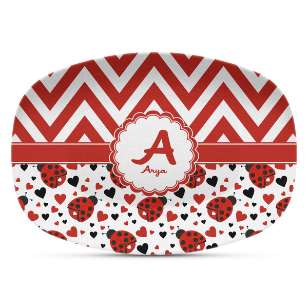 Custom Ladybugs & Chevron Plastic Platter - Microwave & Oven Safe Composite Polymer (Personalized)