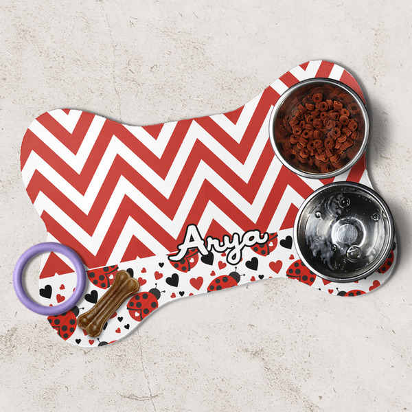 Ladybugs & Chevron Dog Bone Shaped Mat Lifestyle