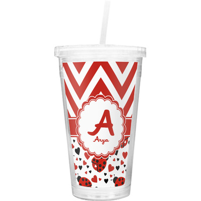 Ladybugs & Chevron Double Wall Tumbler with Straw (Personalized)